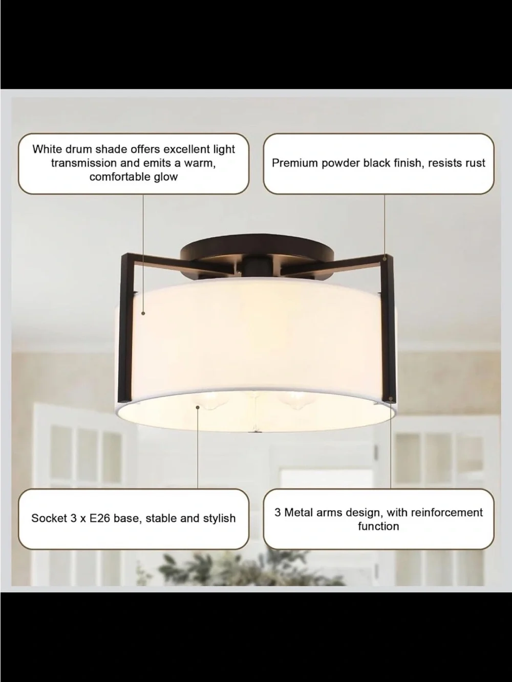 3-Light Semi Flush Mount Ceiling Light - Modern Black Drum Fixture - New in Box